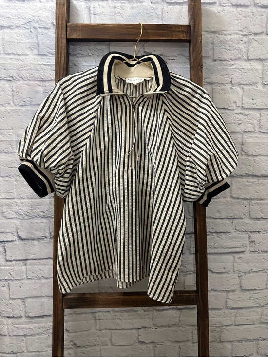 entro Tops - entro Black & Cream Striped Short-Sleeve Zip Polo
